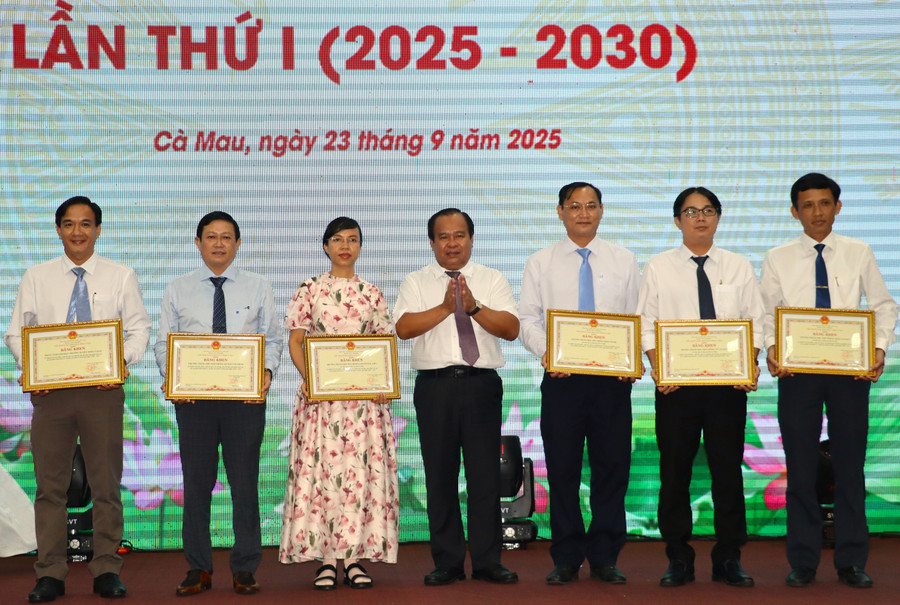 Phó Chủ tịch UBND tỉnh Cà Mau Nguyễn Minh Luân tặng bằng khen cho các tập thể. hn-tien-tien-8.jpg