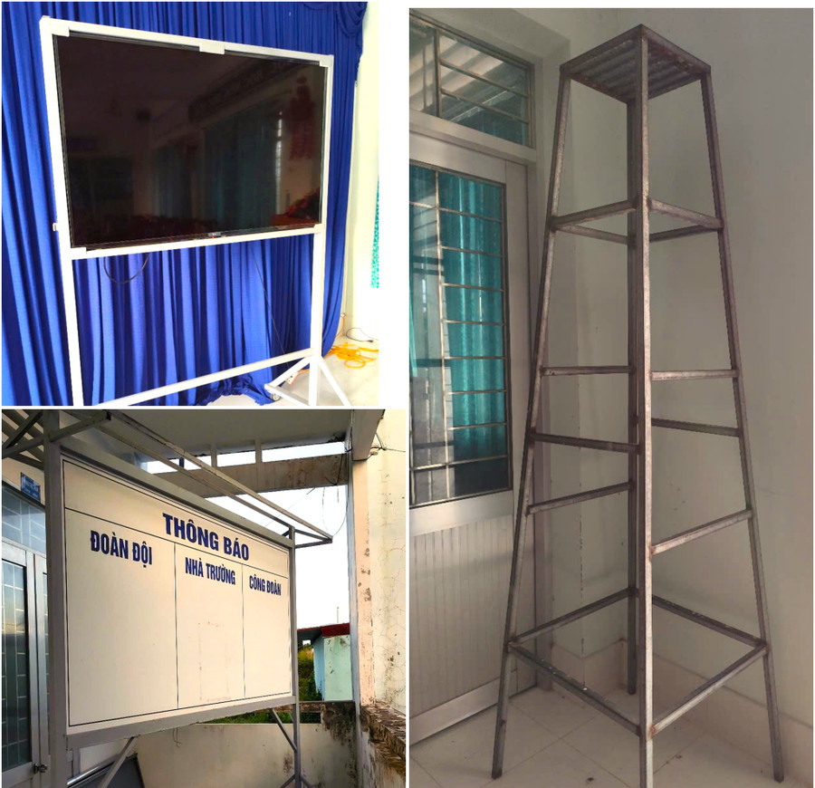 Một số sản phẩm do ông Trần Văn Tâm tự mua vật tư làm ra dùng ở trường thay vì phải mua thành phẩm. hieu-truong-tham-o-5.jpg