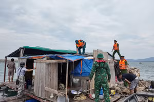 Lực lượng hỗ trợ ngư dân ở Cô Tô chằng chống bè để bảo vệ tài sản.