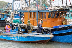 Cán bộ Đồn Biên phòng Trà Cổ tiếp cận tàu cá của ngư dân để tuyên truyền và yêu cầu người dân lên bờ tránh bão.