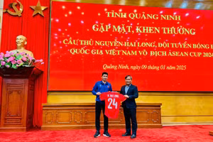 Tiền vệ Nguyễn Hai Long tặng chiếc áo đấu cho Bí thư Tỉnh uỷ Quảng Ninh Vũ Đại Thắng.