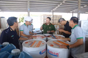 Lực lượng chức năng kiểm tra hàng hóa trên các container. Ảnh: TG