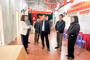 Giám đốc Sở Giáo dục và Đào tạo tỉnh Cao Bằng Nguyễn Ngọc Thư (ngoài cùng bên trái) nắm tình hình chuẩn bị bầu cử tại xã Nam Tuấn.