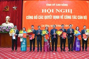 Lãnh đạo tỉnh Cao Bằng trao quyết định và tặng hoa chúc mừng các cán bộ nhận nhiệm vụ mới. Ảnh: BCB