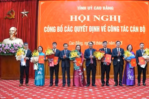 Lãnh đạo tỉnh Cao Bằng trao quyết định và tặng hoa chúc mừng các cán bộ nhận nhiệm vụ mới. Ảnh: BCB