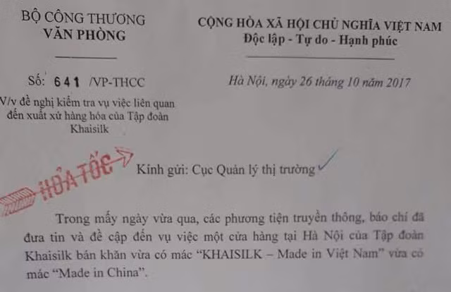 Văn bản hỏa tốc của Bộ Công thương yêu cầu kiểm tra hàng hóa liên quan đến cửa hàng Khaisilk. Văn bản hỏa tốc của Bộ Công thương yêu cầu kiểm tra hàng hóa liên quan đến cửa hàng Khaisilk.