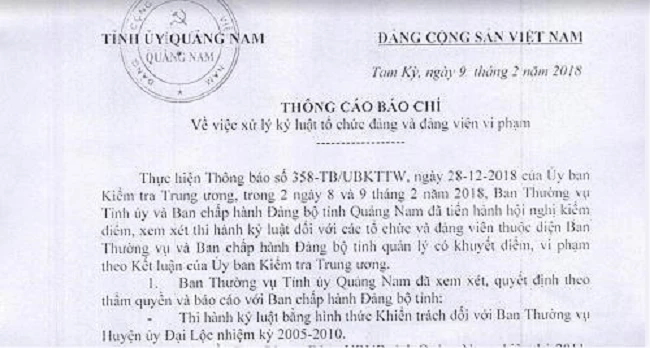 Thông cáo báo chí của Tỉnh ủy Quảng Nam về việc kỷ luật cán bộ.