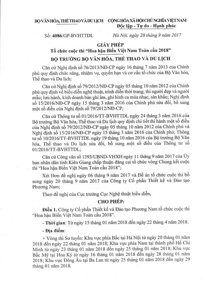 Giấy phép Tổ chức cuộc thi “Hoa Hậu Biển Việt Nam Toàn cầu 2018” Giấy phép Tổ chức cuộc thi “Hoa Hậu Biển Việt Nam Toàn cầu 2018”