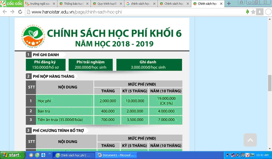 Phí hồ sơ nhà trường niêm yết trên trang Web của nhà trường