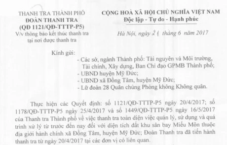 Kết thúc thanh tra đất sân bay Miếu Môn tại Đồng Tâm