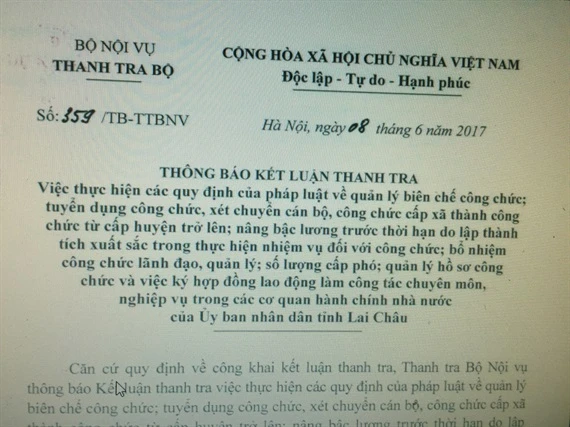 Kết luận thanh tra Bộ Nội vụ yêu cầu Lai Châu xử lý nghiêm việc tuyển dụng, bổ nhiệm sai