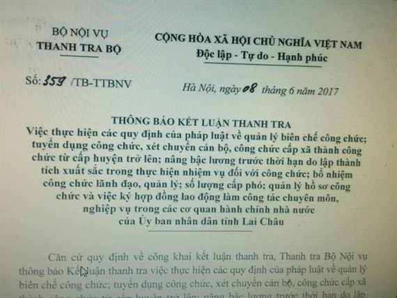Kết luận thanh tra Bộ Nội vụ yêu cầu Lai Châu xử lý nghiêm việc tuyển dụng, bổ nhiệm sai