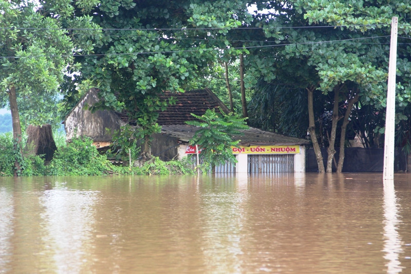 Nước lũ khiến những ngôi nhà cấp bốn của người dân sắp ngập lút nóc.