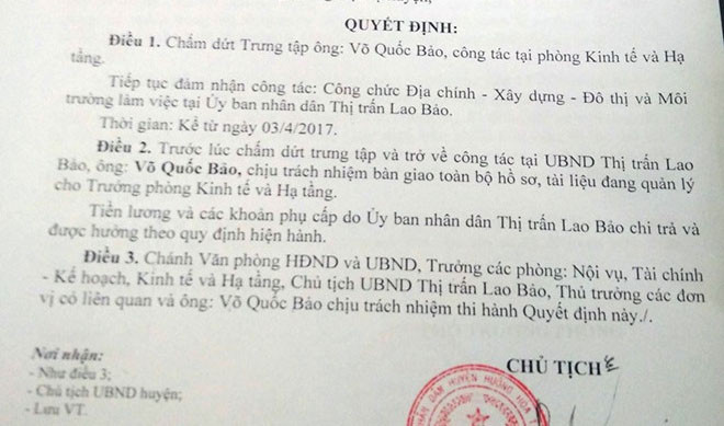 Quyết định chấm dứt trưng tập công tác tại phòng KTHT đối với anh Võ Quốc Bảo.