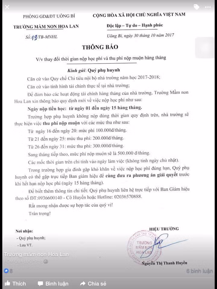 Thông báo gây lo lắng cho phụ huynh của nhà trường