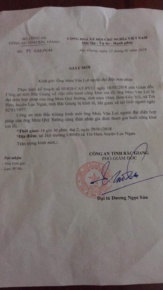 Giấy mời người thân của cụ Sường dự buổi công khai xin lỗi sau hơn 4 thập kỷ bị mang án oan giết vợ Giấy mời người thân của cụ Sường dự buổi công khai xin lỗi sau hơn 4 thập kỷ bị mang án oan giết vợ