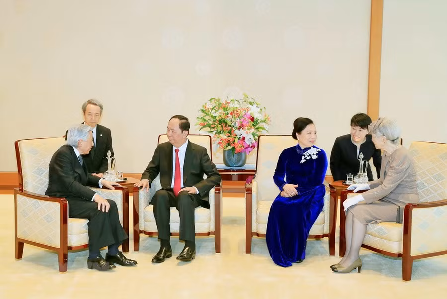 Chủ tịch nước Trần Đại Quang và Phu nhân hội kiến Nhà vua Akihito và Hoàng hậu. Ảnh:TTXVN