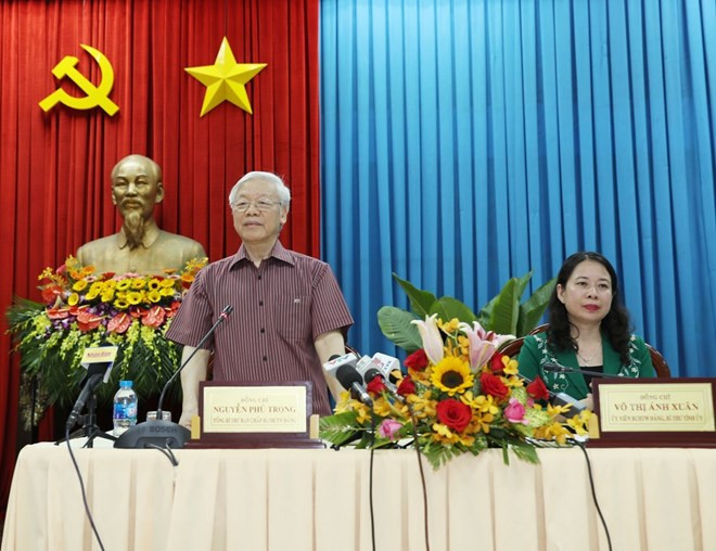 Tổng Bí thư Nguyễn Phú Trọng phát biểu tại buổi làm việc với Ban Thường vụ Tỉnh ủy và lãnh đạo chủ chốt tỉnh An Giang. (Ảnh: Trí Dũng/TTXVN)