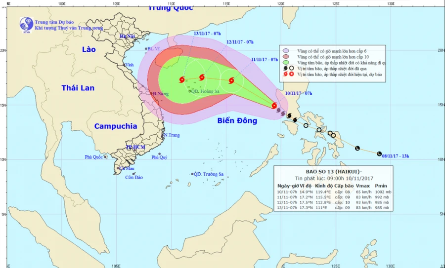 Đường đi và vị trí cơn bão số 13.