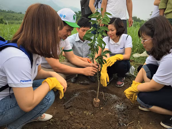 Lãnh đạo và nhân viên Panasonic trồng tặng cam cho đồng bào tái định cư khu vực thủy điện sông Đà