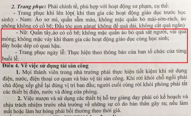 Quy định cấm mặc váy với giáo viên nữ của Quyền Hiệu trưởng. Ảnh: Phạm Trường Tintuc.vn