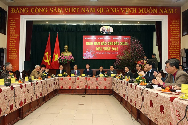 Hội nghị Giao ban báo chí đầu xuân Mậu Tuất sáng 27/2. Ảnh: VGP Hội nghị Giao ban báo chí đầu xuân Mậu Tuất sáng 27/2. Ảnh: VGP