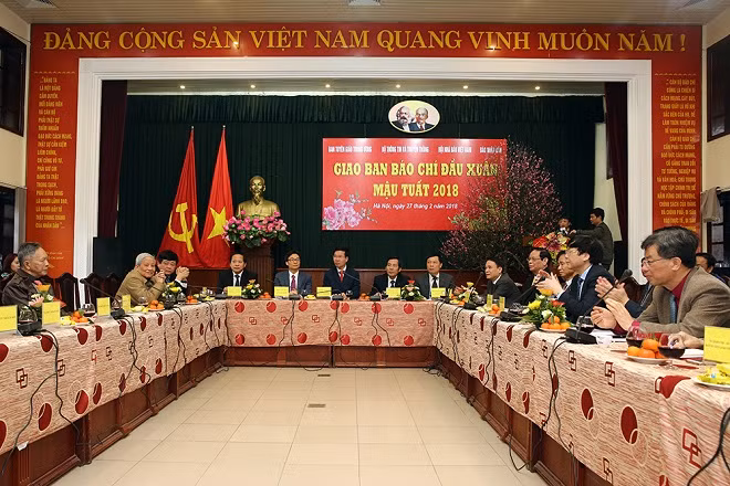 Hội nghị Giao ban báo chí đầu xuân Mậu Tuất sáng 27/2. Ảnh: VGP