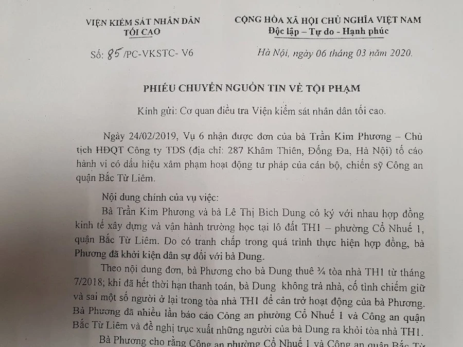 Phiếu chuyển nguồn tin về tội phạm của Vụ Thực hành quyền công tố và kiểm sát điều tra án xâm phạm hoạt động tư pháp và tham nhũng, chức vụ xảy ra trong hoạt động tư pháp (Vụ 6) Viện kiểm sát nhân dân tối cao liên quan đến vụ việc.