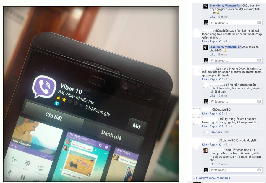 Bình luận của người dùng Việt Nam trên fanpage "BlackBerry Vietnam Fan". Ảnh chụp màn hình.