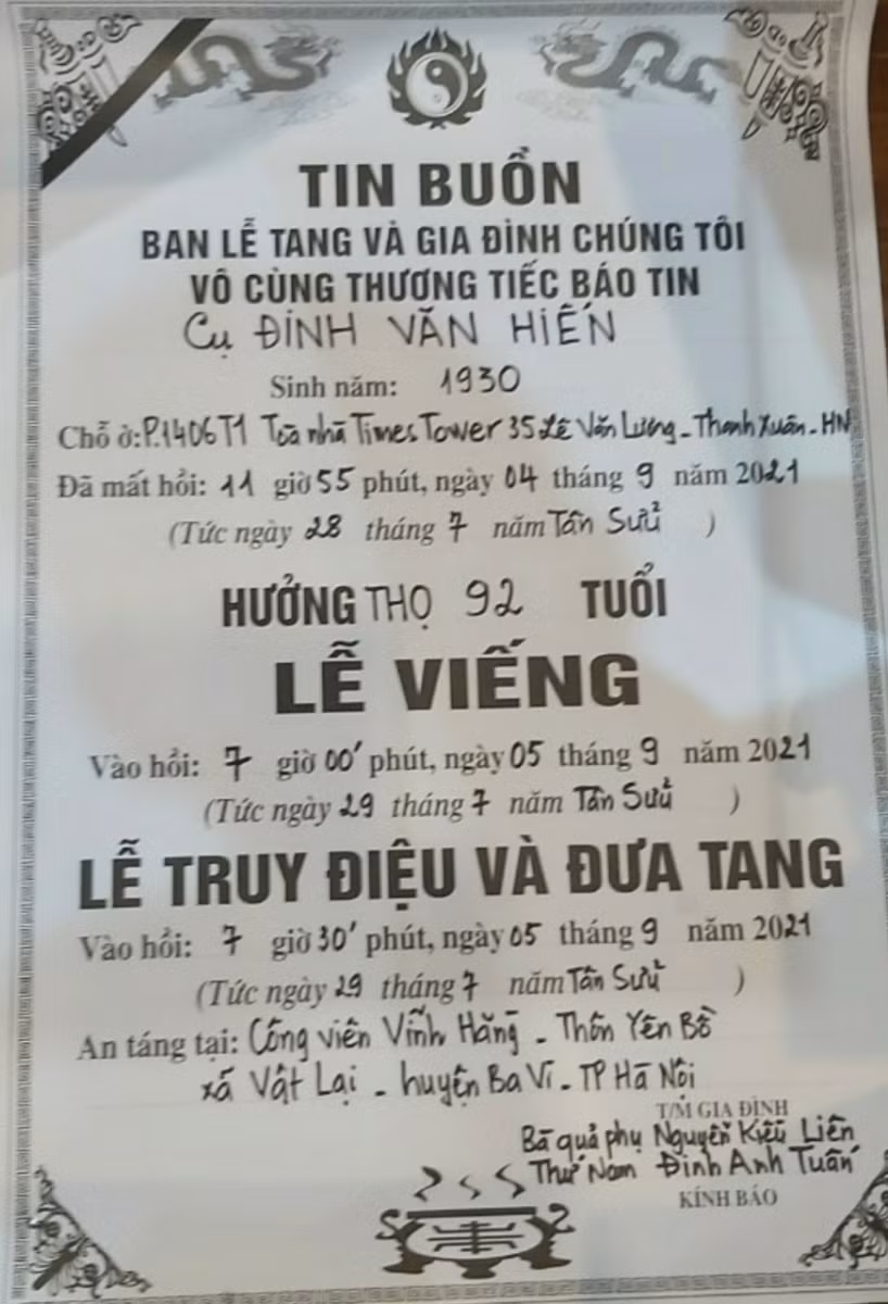 Ảnh chụp cáo phó từ gia đình.