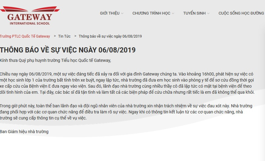 Thông báo của trường Tiểu học Quốc tế Gateway Thông báo của trường Tiểu học Quốc tế Gateway
