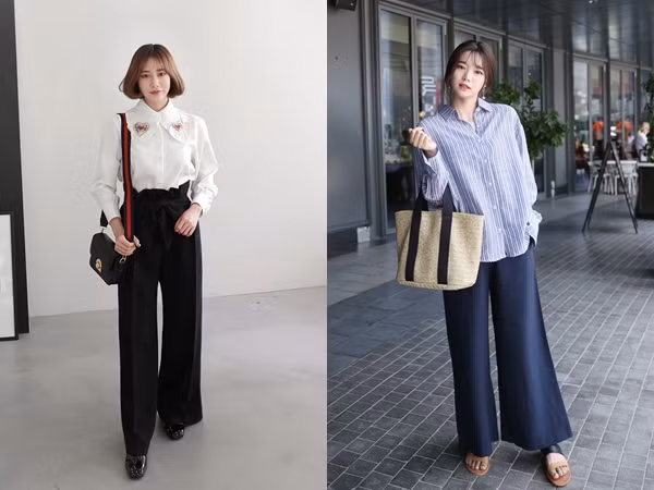 Nếu bạn muốn sở hữu vẻ ngoài phóng khoáng, tự do nhưng không kém phần thanh lịch thì hãy hoàn thiện set đồ của mình bằng quần ống rộng và áo sơ mi trơn màu