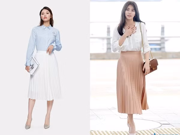 Áo sơ mi và chân váy midi là công thức phối đồ được các quý cô công sở diện triệt để mỗi khi xuân về