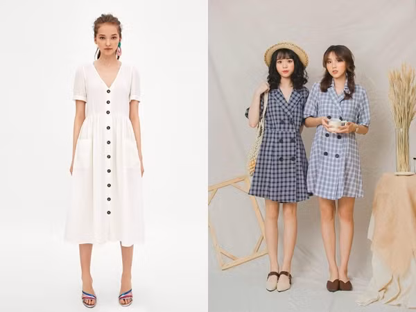 Váy cổ V khuy trước làm rất tốt trong việc giúp phái đẹp 