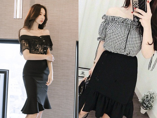 Chân váy đuôi cá và áo trễ vai sẽ tạo cho người mặc nét đẹp trẻ trung và ngây thơ hơn bao giờ hết  Chân váy đuôi cá và áo trễ vai sẽ tạo cho người mặc nét đẹp trẻ trung và ngây thơ hơn bao giờ hết