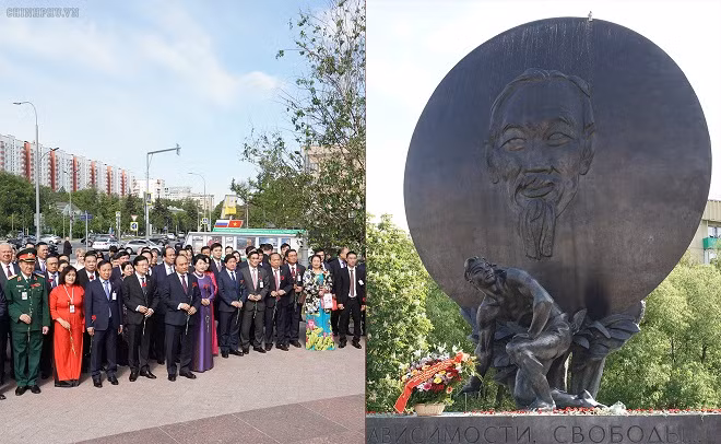 Thủ tướng, Phu nhân và Đoàn cấp cao Việt Nam dâng hoa tại tượng đài Chủ tịch Hồ Chí Minh tại Moscow. Ảnh: VGP/Quang Hiếu
