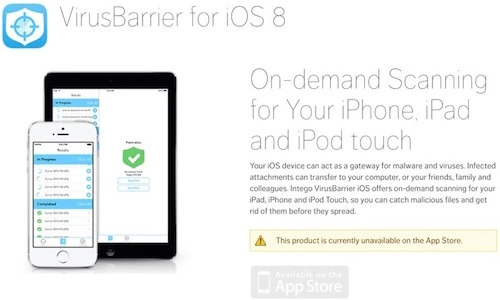 Phần mềm VirusBarrier cho iOS 8 được Apple gỡ bỏ khỏi App Store. Ảnh: MacRumors.