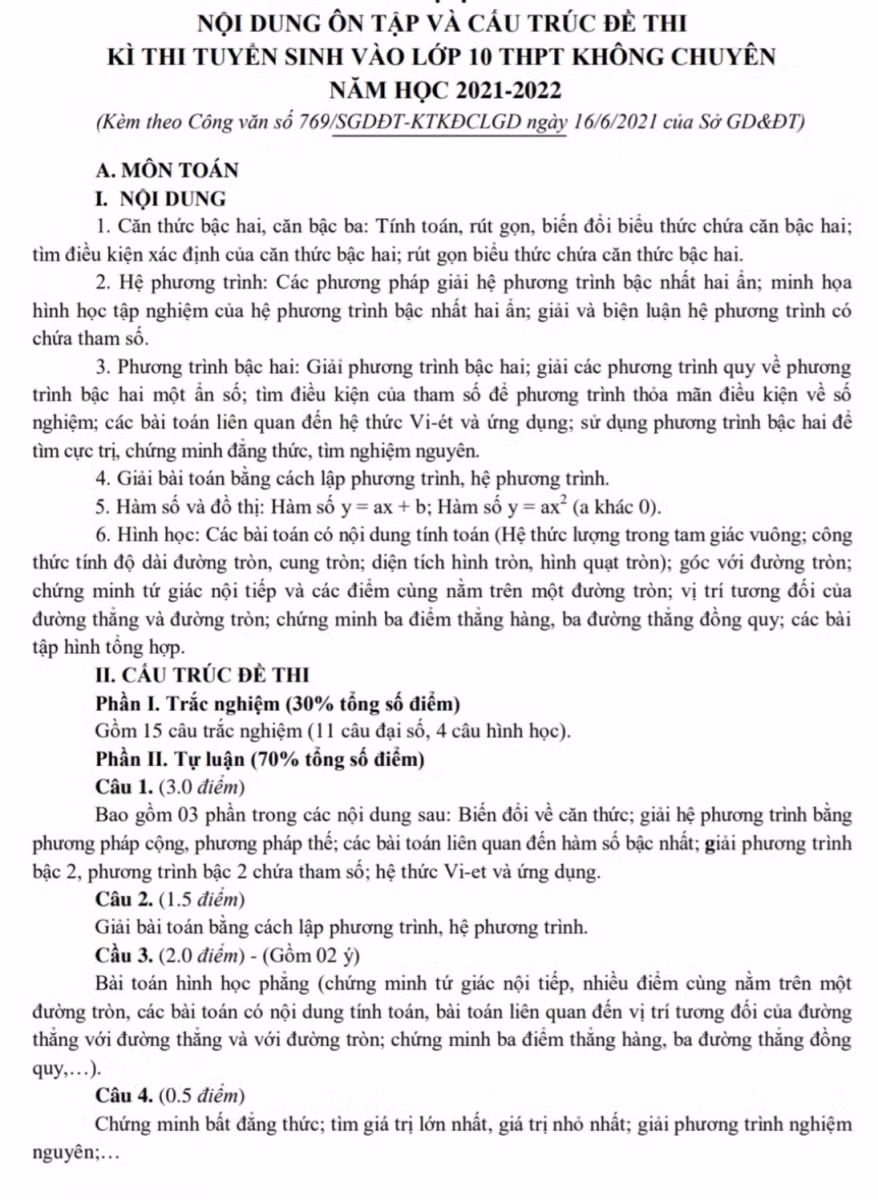 Nội dung ôn tập môn Toán.