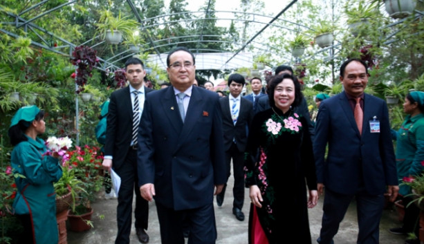 Phó Bí thư Thường trực Thành ủy Hà Nội Ngô Thị Thanh Hằng và các đại biểu thăm mô hình trồng hoa lan tại huyện Đan Phượng. (ảnh cổng thông tin TP Hà Nội).