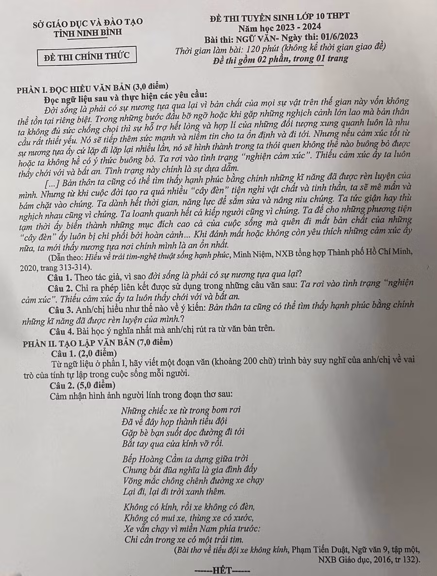 Đề thi môn Ngữ văn vào lớp 10 tỉnh Ninh Bình.