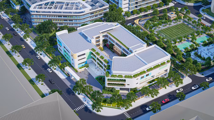 Phối cảnh trường Mầm non Bình Minh nhìn từ trên cao.