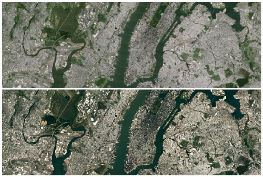 Hình ảnh vệ tinh New York trên Google Earth được chụp bởi Landsat 8 (phía dưới) khi so với Landsat 7 (phía trên)