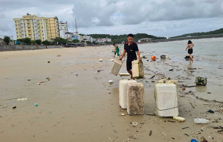 Các lực lượng tham gia dọn dẹp phao xốp trên bãi biển Tình Yêu. Các lực lượng tham gia dọn dẹp phao xốp trên bãi biển Tình Yêu.