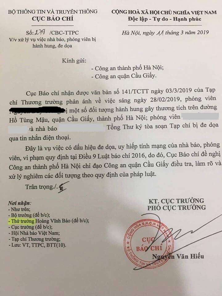 Văn bản của Cục Báo chí gửi cơ quan chức năng TP. Hà Nội. Văn bản của Cục Báo chí gửi cơ quan chức năng TP. Hà Nội.