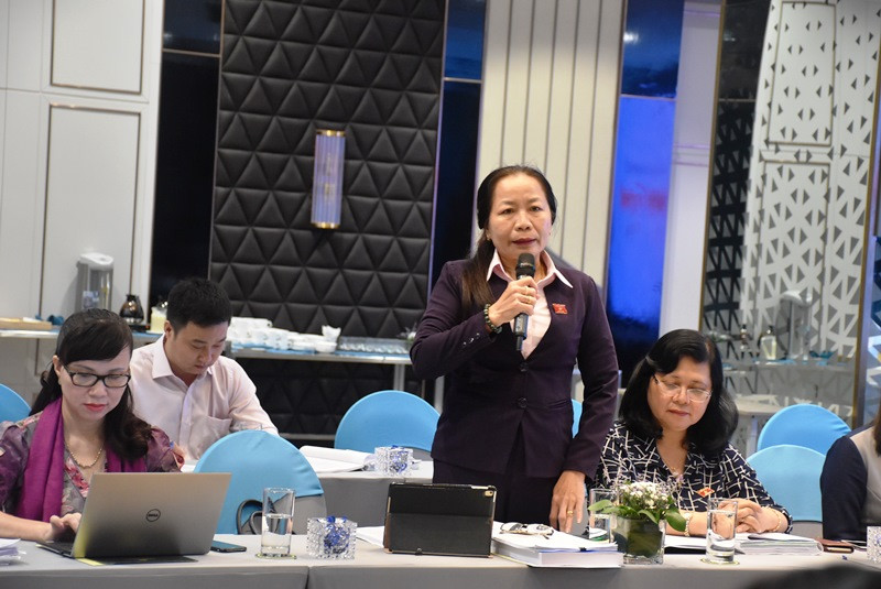 Đại biểu Tăng Thị Ngọc Mai - Phó Giám đốc Sở GD&ĐT Trà Vinh phát biểu góp ý tại phiên họp.