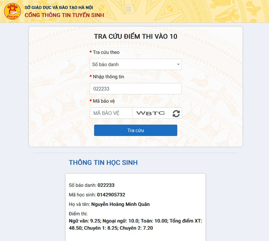 Điểm trúng tuyển của Minh Quân. Điểm trúng tuyển của Minh Quân.