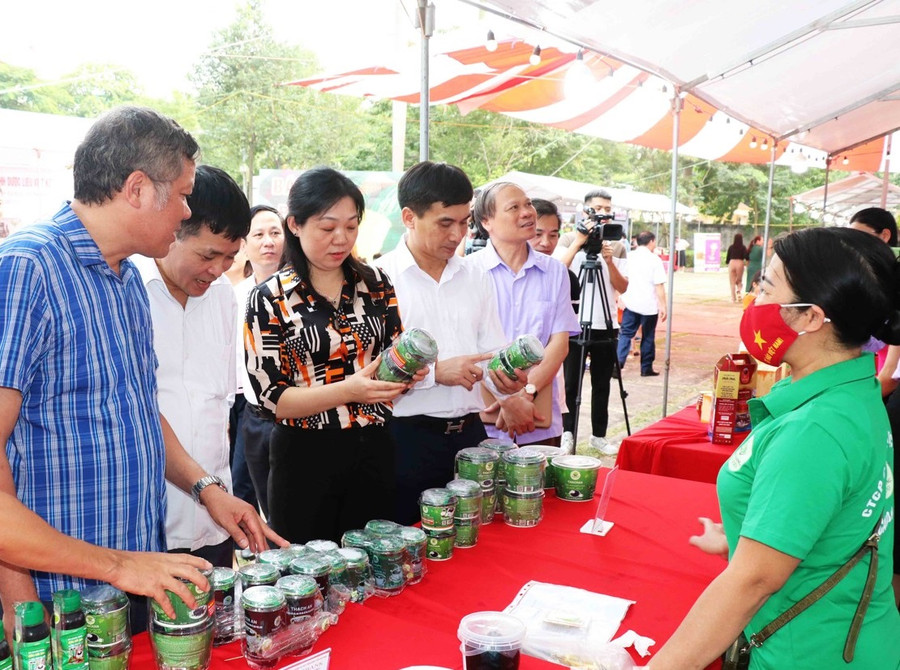 Chủ tịch Hội Nông dân tỉnh Bắc Ninh - Nguyễn Thị Lệ Tuyết (thứ 4 từ trái qua) cùng các đại biểu tham quan các gian hàng tại Chợ phiên.