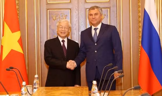 Tổng Bí thư Nguyễn Phú Trọng và Chủ tịch Duma Quốc gia Vyacheslav Volodin.