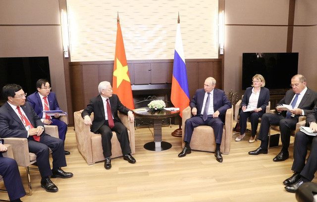 Tổng Bí thư Nguyễn Phú Trọng hội đàm với Tổng thống Liên bang Nga Vladimir Putin. Ảnh: TTXVN