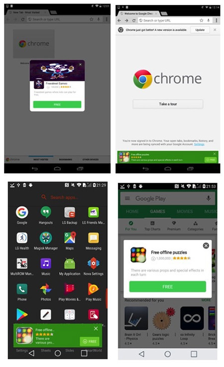 Smartphone bị nhiễm Cosiloon sẽ tự hiển thị quảng cáo trên màn hình. Smartphone bị nhiễm Cosiloon sẽ tự hiển thị quảng cáo trên màn hình.